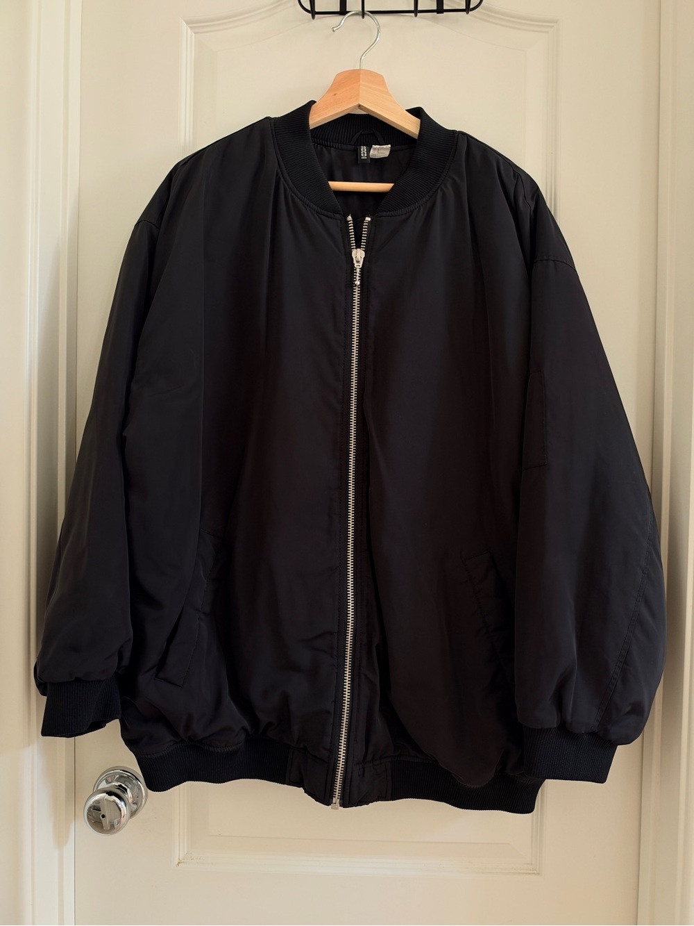 H&M Black Oversized Bomber Jacket with Silver Zip
